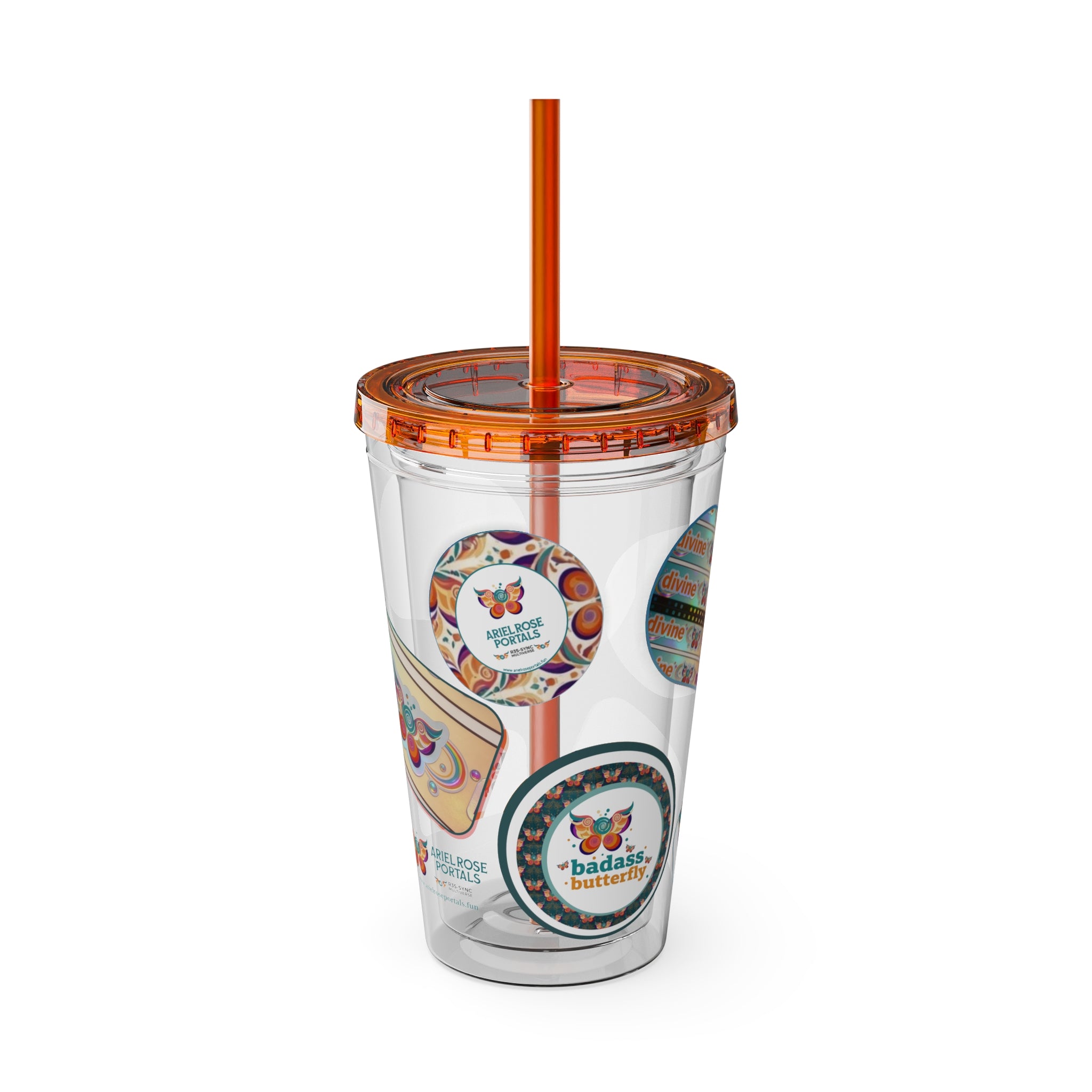16 oz Sunsplash Tumbler with Straw — Retro Butterfly Sticker Design