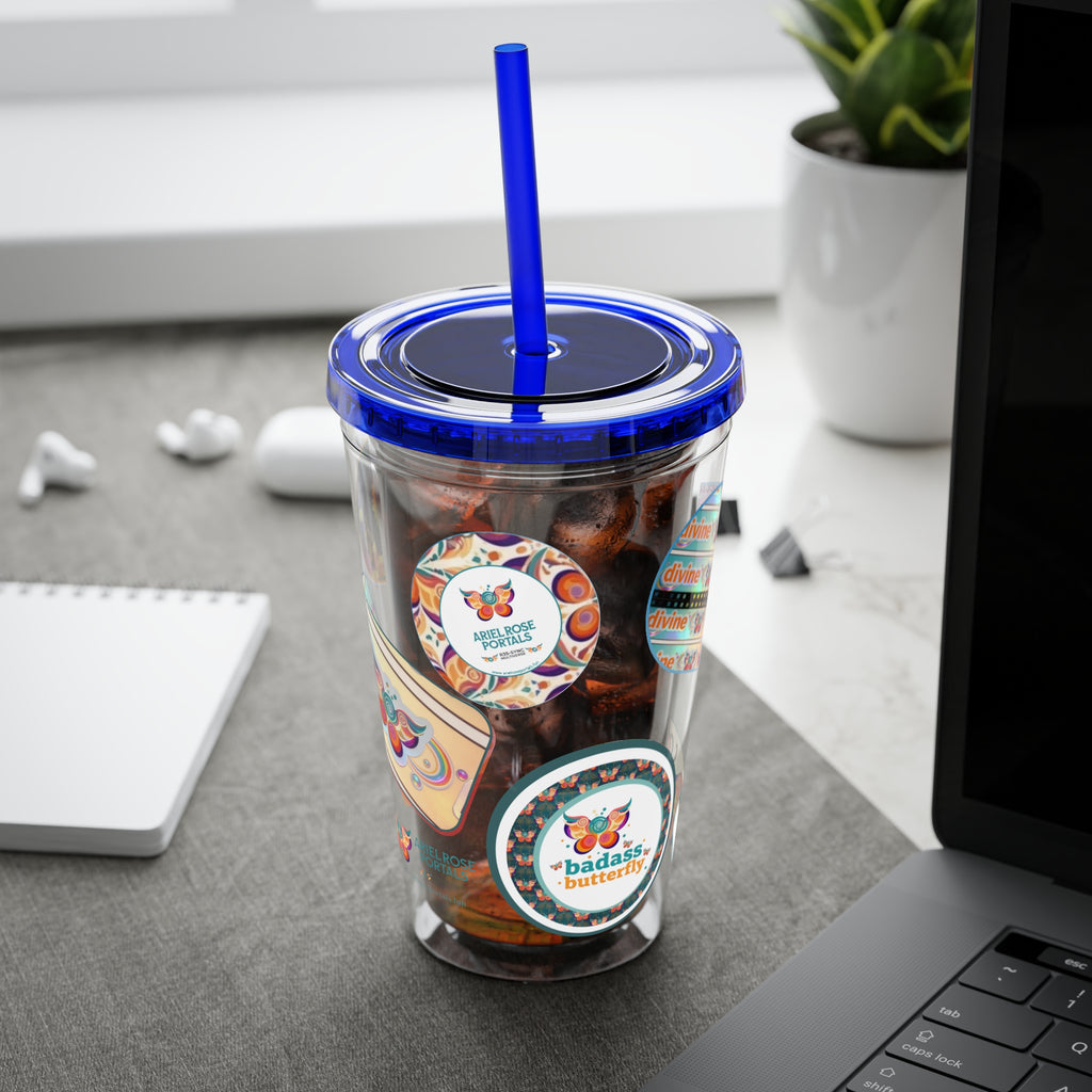 16 oz Sunsplash Tumbler with Straw — Retro Butterfly Sticker Design