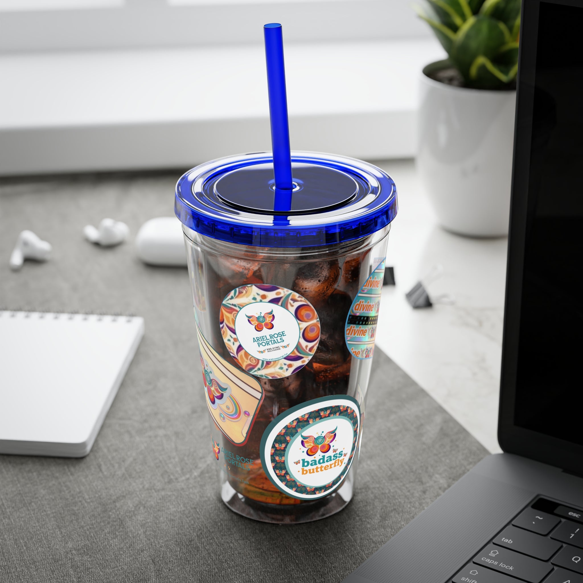 16 oz Sunsplash Tumbler with Straw — Retro Butterfly Sticker Design