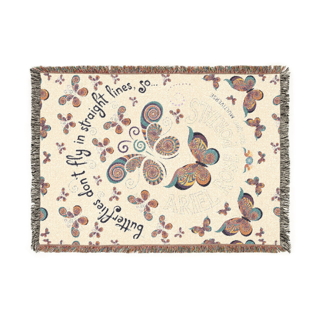 First Class Stardust Op Art Butterfly Woven Blanket — Earthtone Fringe Throw with Inspiring Script