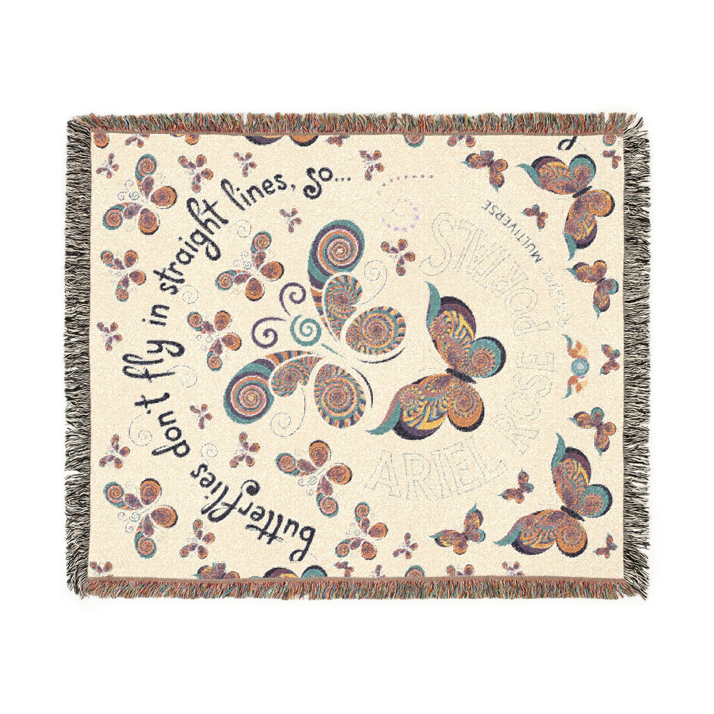 First Class Stardust Op Art Butterfly Woven Blanket — Earthtone Fringe Throw with Inspiring Script