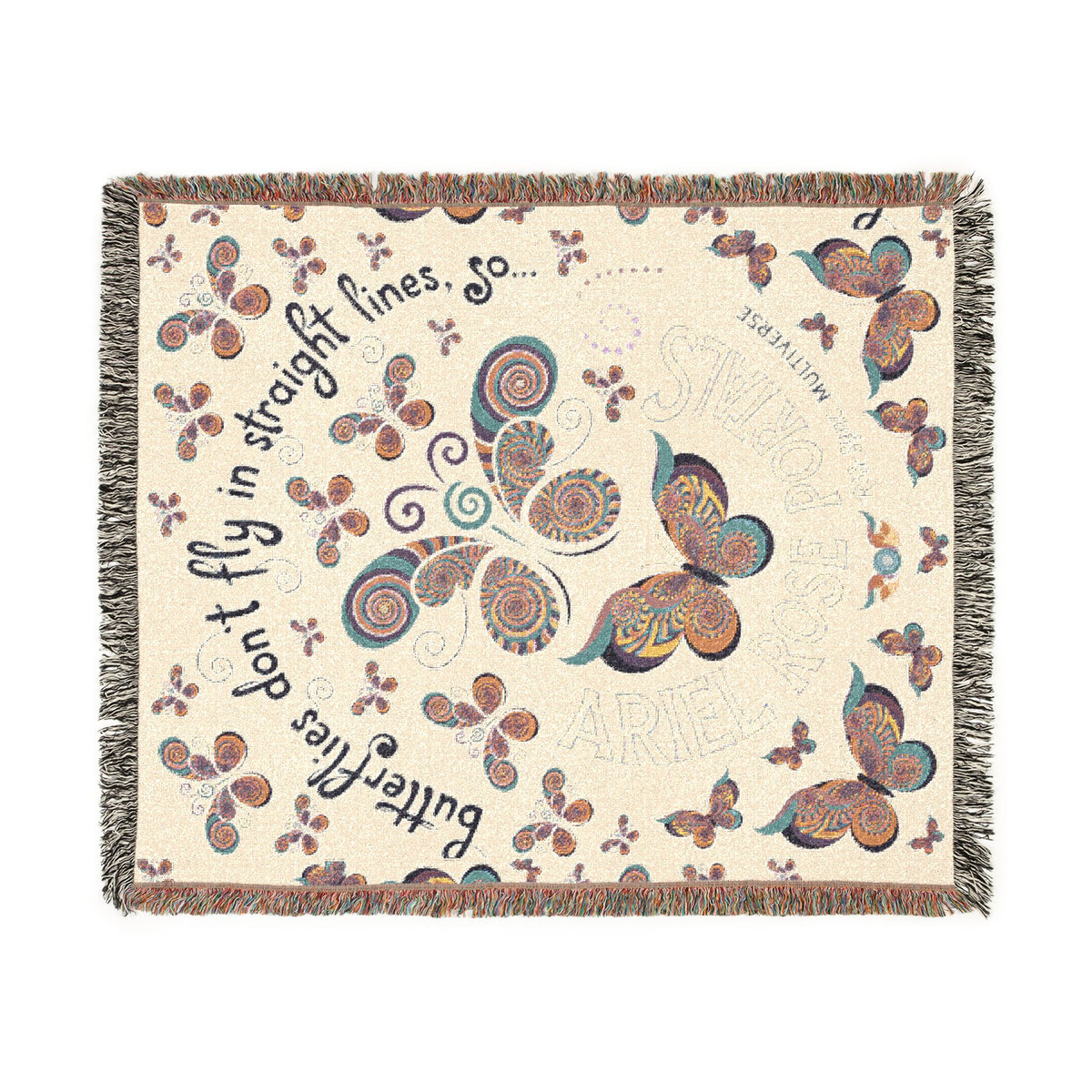 First Class Stardust Op Art Butterfly Woven Blanket — Earthtone Fringe Throw with Inspiring Script