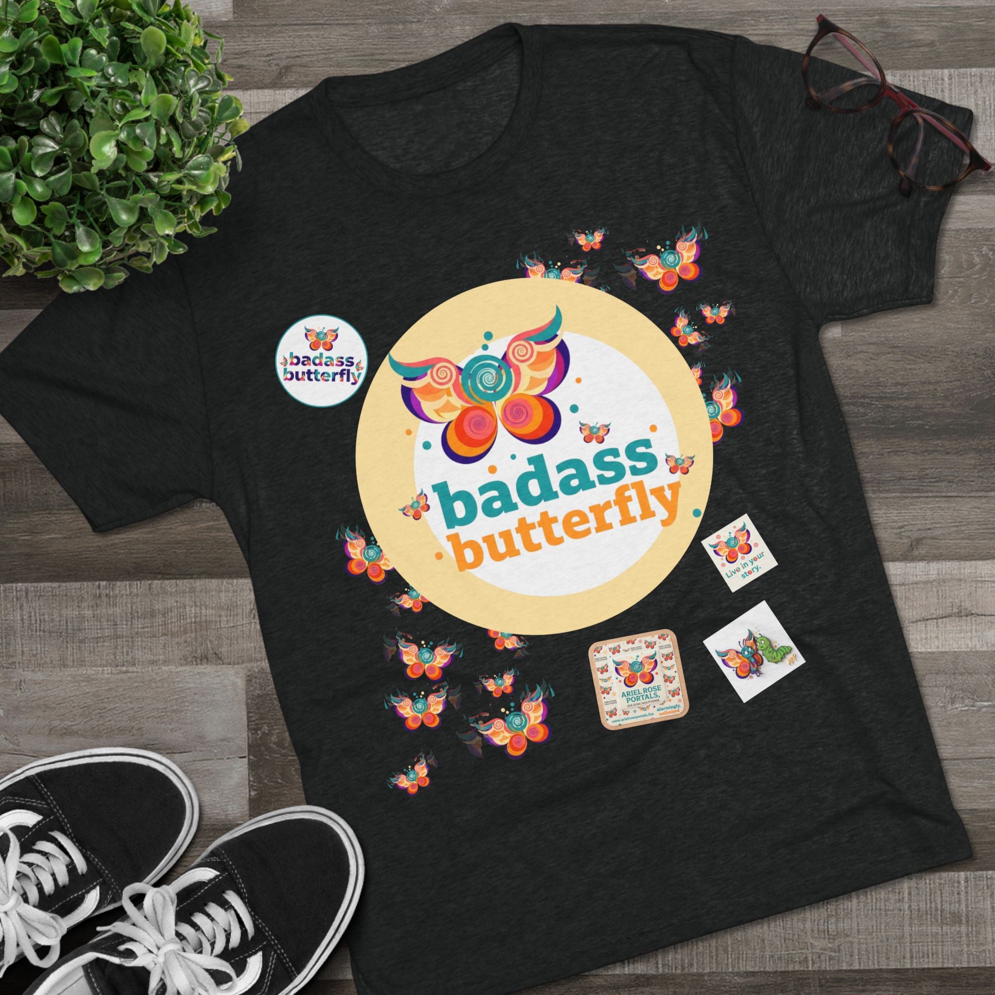 Badass Butterfly Vintage TriBlend Sticker Tee T-Shirt — Colorful Empowerment Graphic Tee