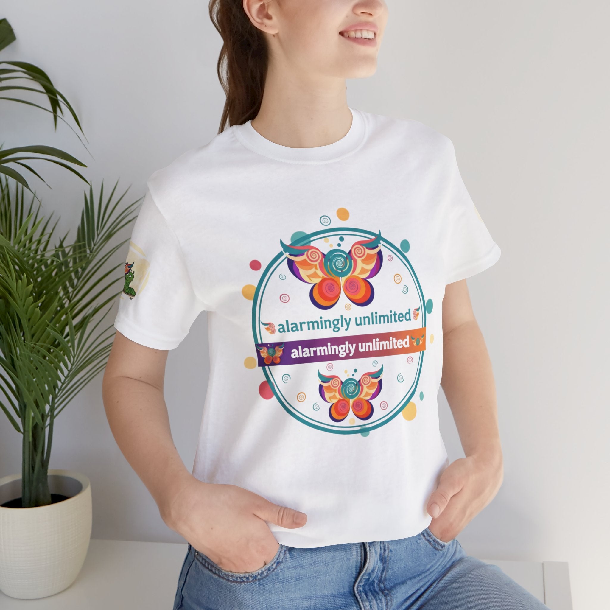 Butterfly & Caterpillar Tee — "alarmingly unlimited" Colorful Graphic T-Shirt