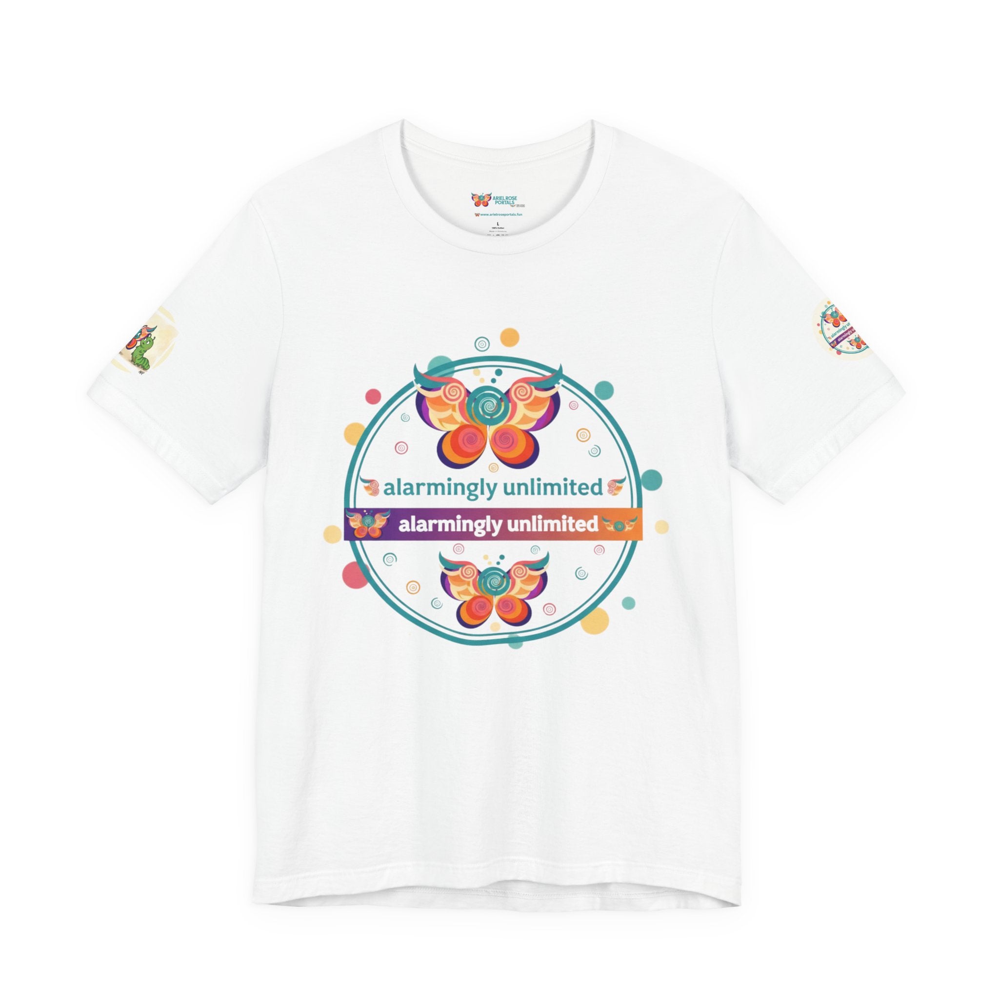 Butterfly & Caterpillar Tee — "alarmingly unlimited" Colorful Graphic T-Shirt