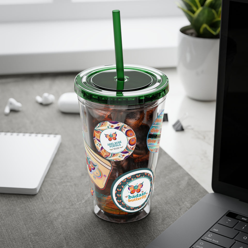 16 oz Sunsplash Tumbler with Straw — Retro Butterfly Sticker Design