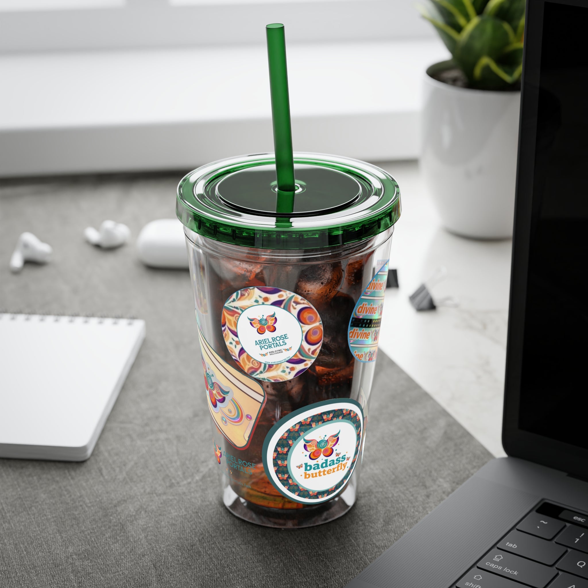 16 oz Sunsplash Tumbler with Straw — Retro Butterfly Sticker Design