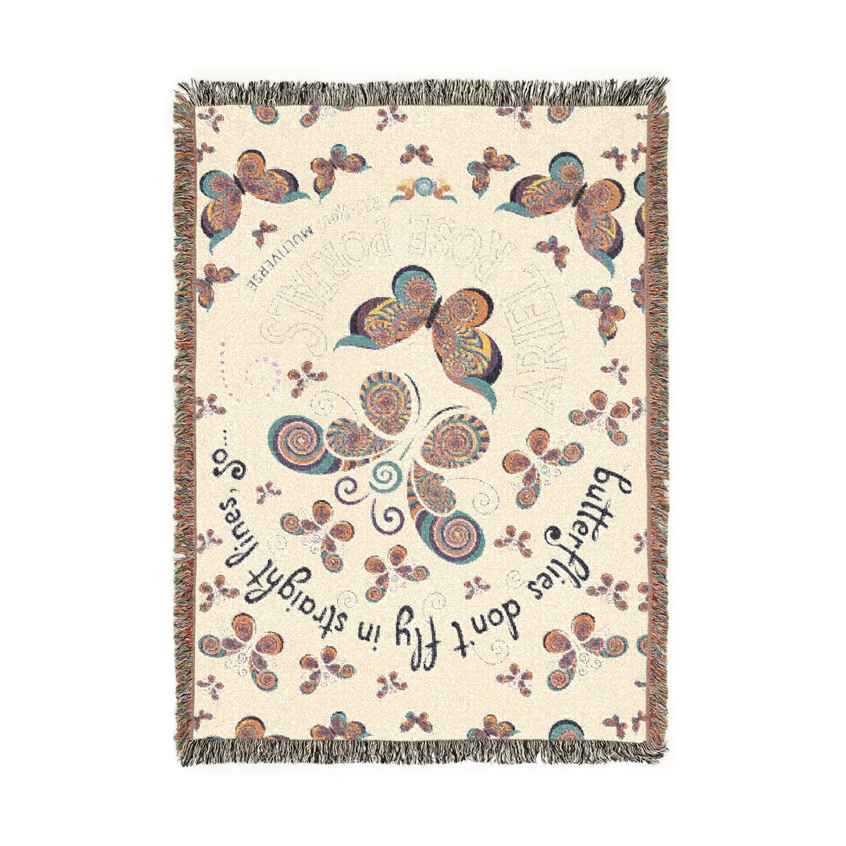 First Class Stardust Op Art Butterfly Woven Blanket — Earthtone Fringe Throw with Inspiring Script