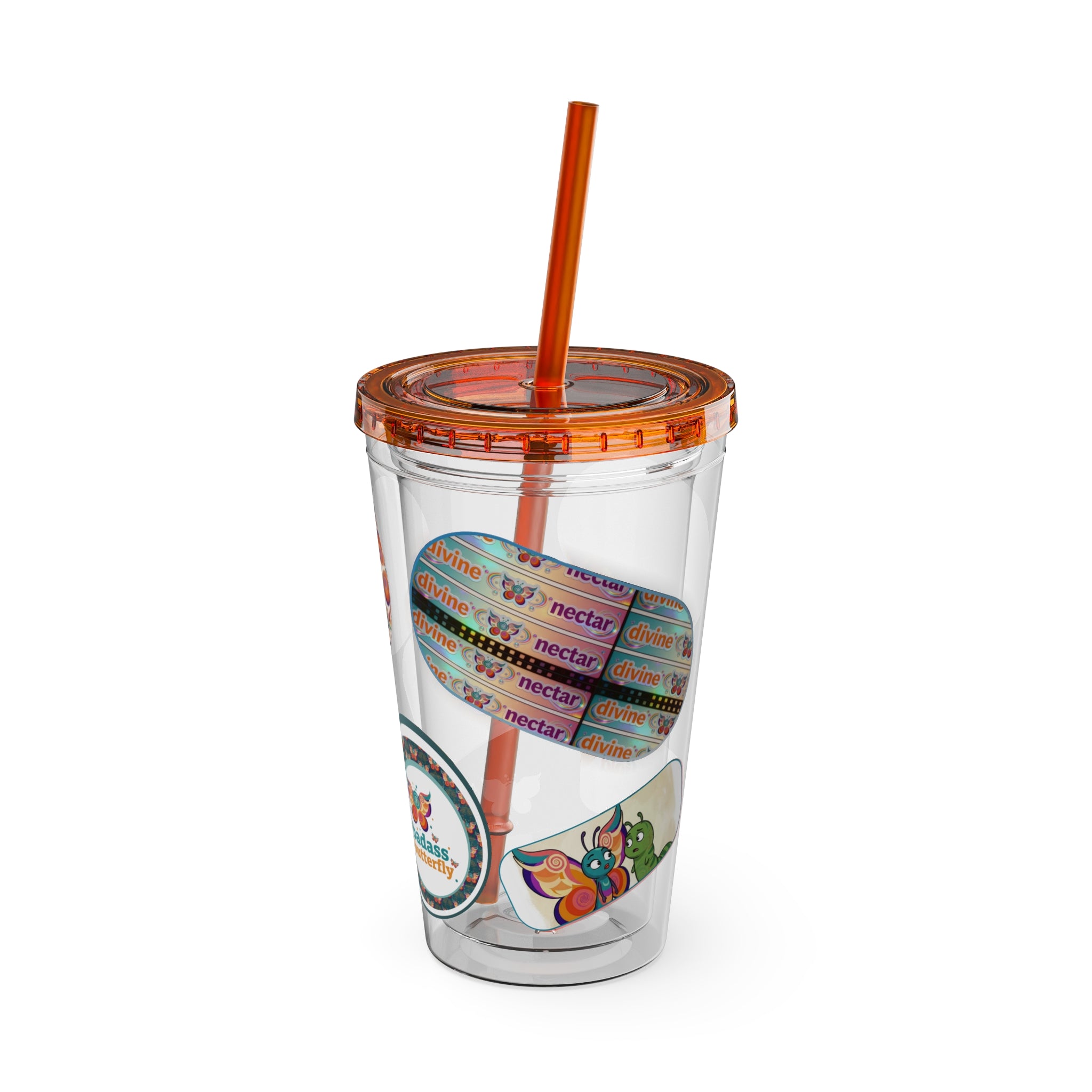 16oz Sunsplash Tumbler with Straw — Retro Butterfly Sticker Design