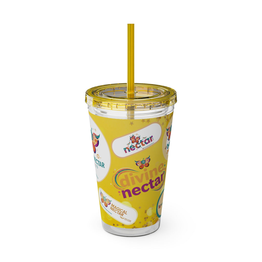 Bicchiere tumbler da 470 ml Sunsplash Ariel Rose Portals con cannuccia — Nettare magico e nettare divino, stoviglie giallo sole