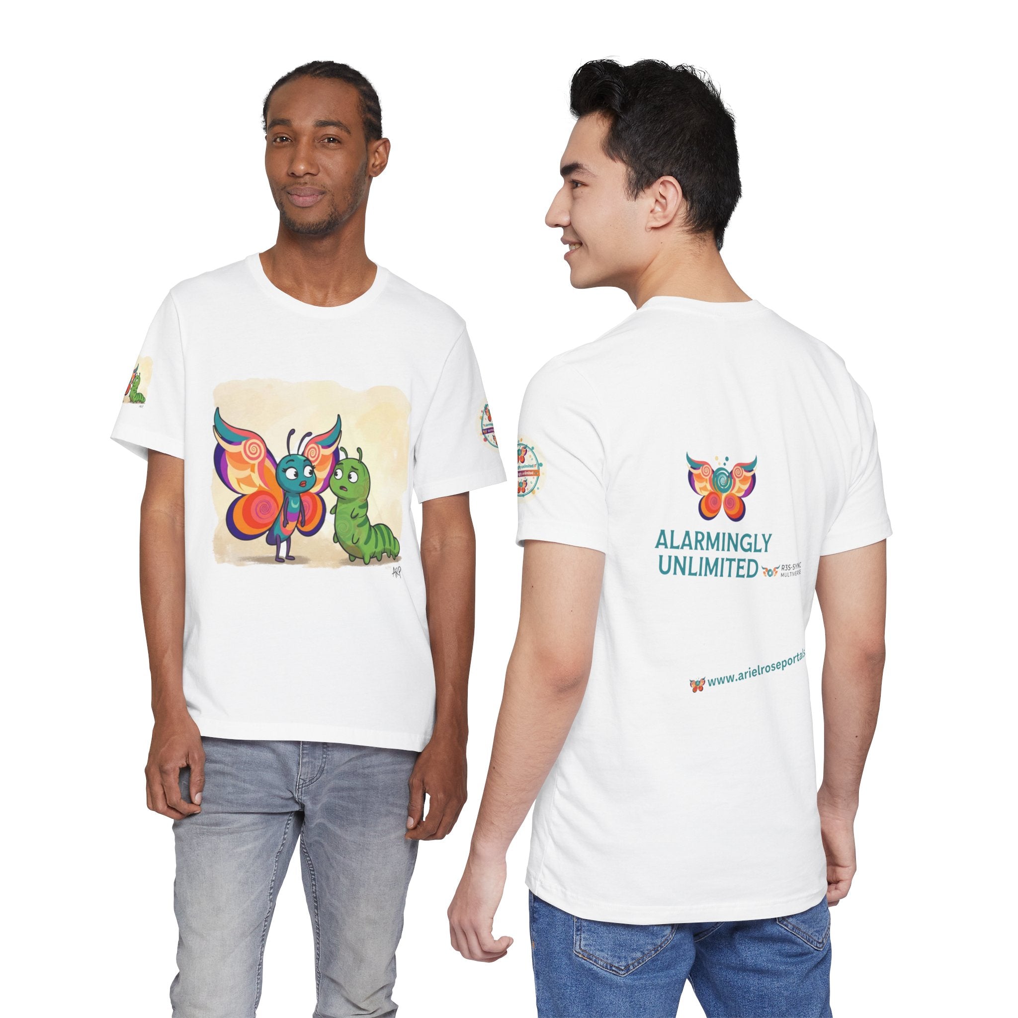 Alarmingly Unlimited Butterfly Tee — Playful Caterpillar & Butterfly Cartoon T-Shirt