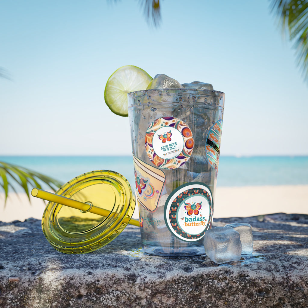 16 oz Sunsplash Tumbler with Straw — Retro Butterfly Sticker Design