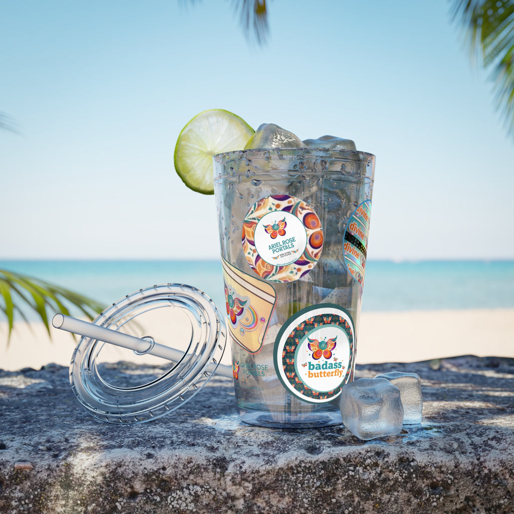 16 oz Sunsplash Tumbler with Straw — Retro Butterfly Sticker Design