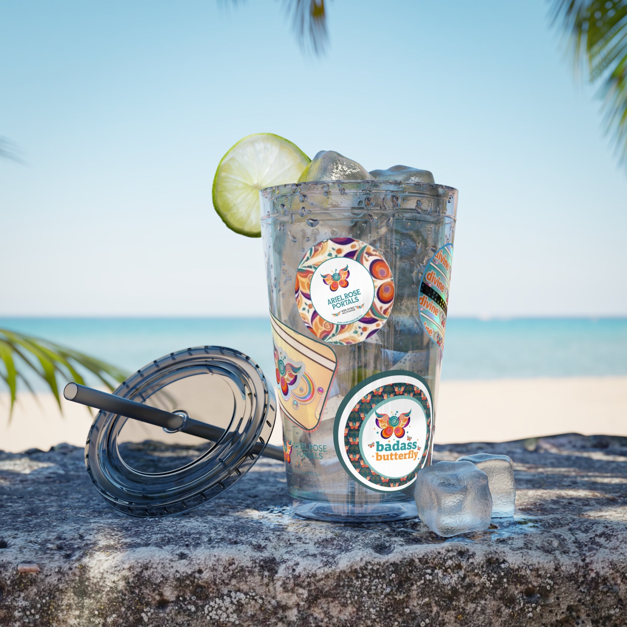 16 oz Sunsplash Tumbler with Straw — Retro Butterfly Sticker Design