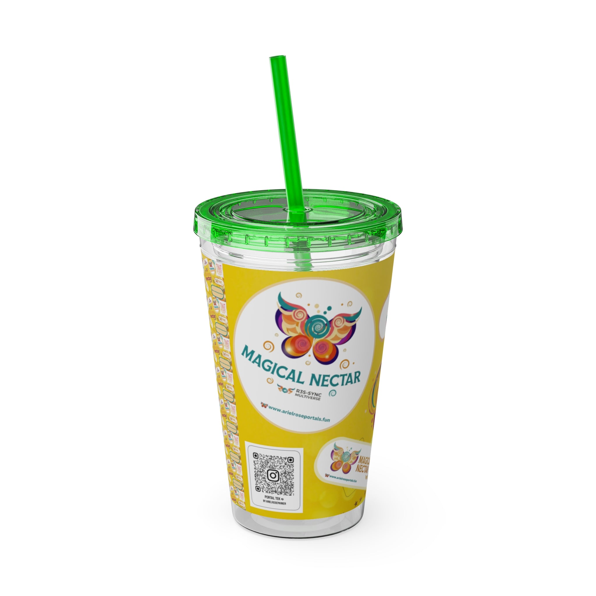Bicchiere tumbler da 470 ml Sunsplash Ariel Rose Portals con cannuccia — Nettare magico e nettare divino, stoviglie giallo sole