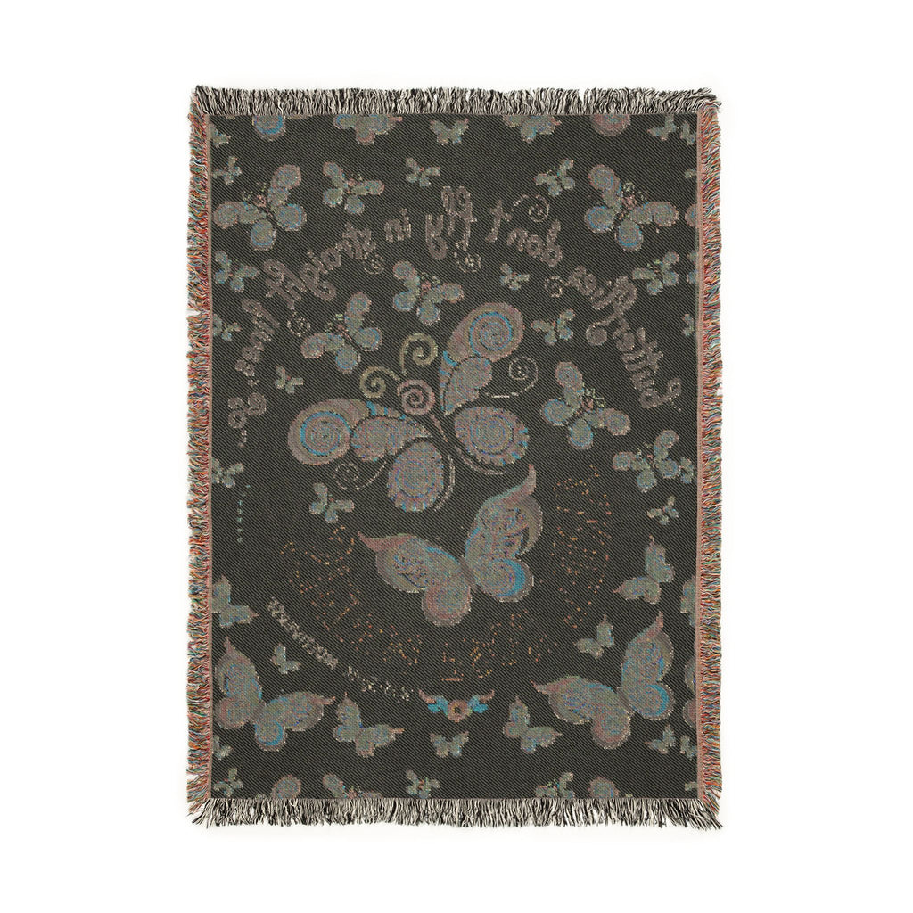 First Class Stardust Op Art Butterfly Woven Blanket — Earthtone Fringe Throw with Inspiring Script