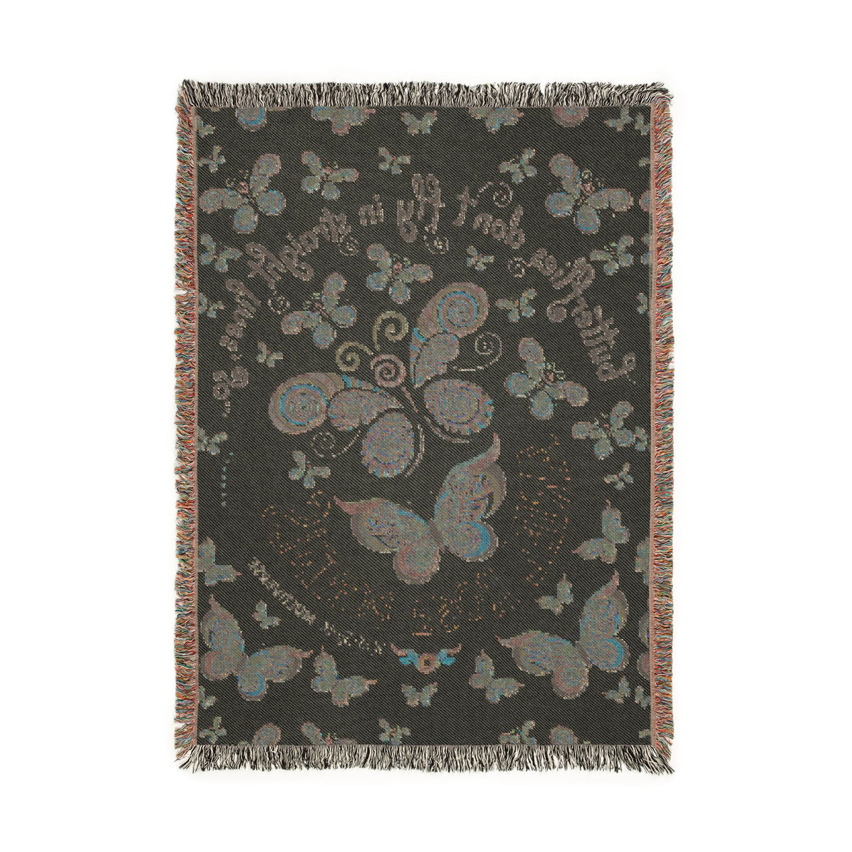 First Class Stardust Op Art Butterfly Woven Blanket — Earthtone Fringe Throw with Inspiring Script