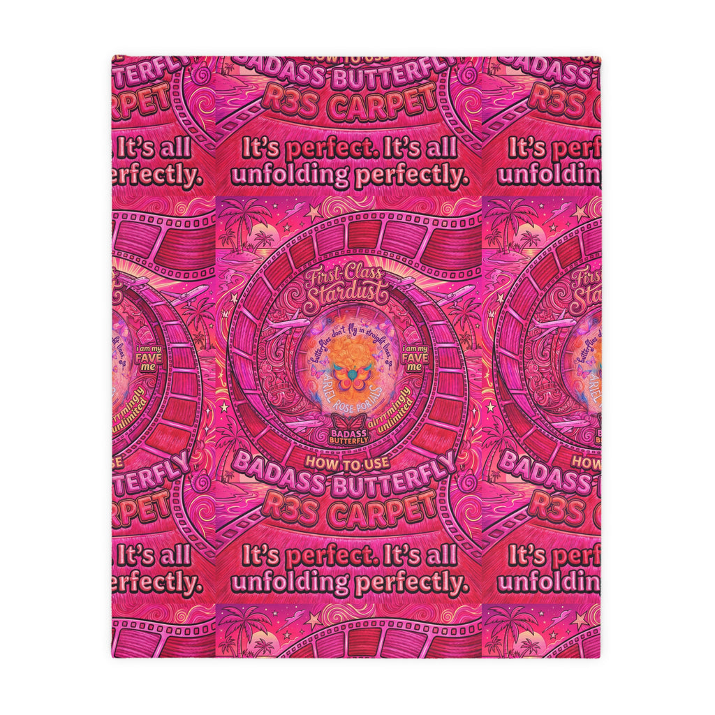 Two-Sided Velveteen R3S-Carpet Flight Path Cloak — Whimsical Butterflies & Bold Pink Collage