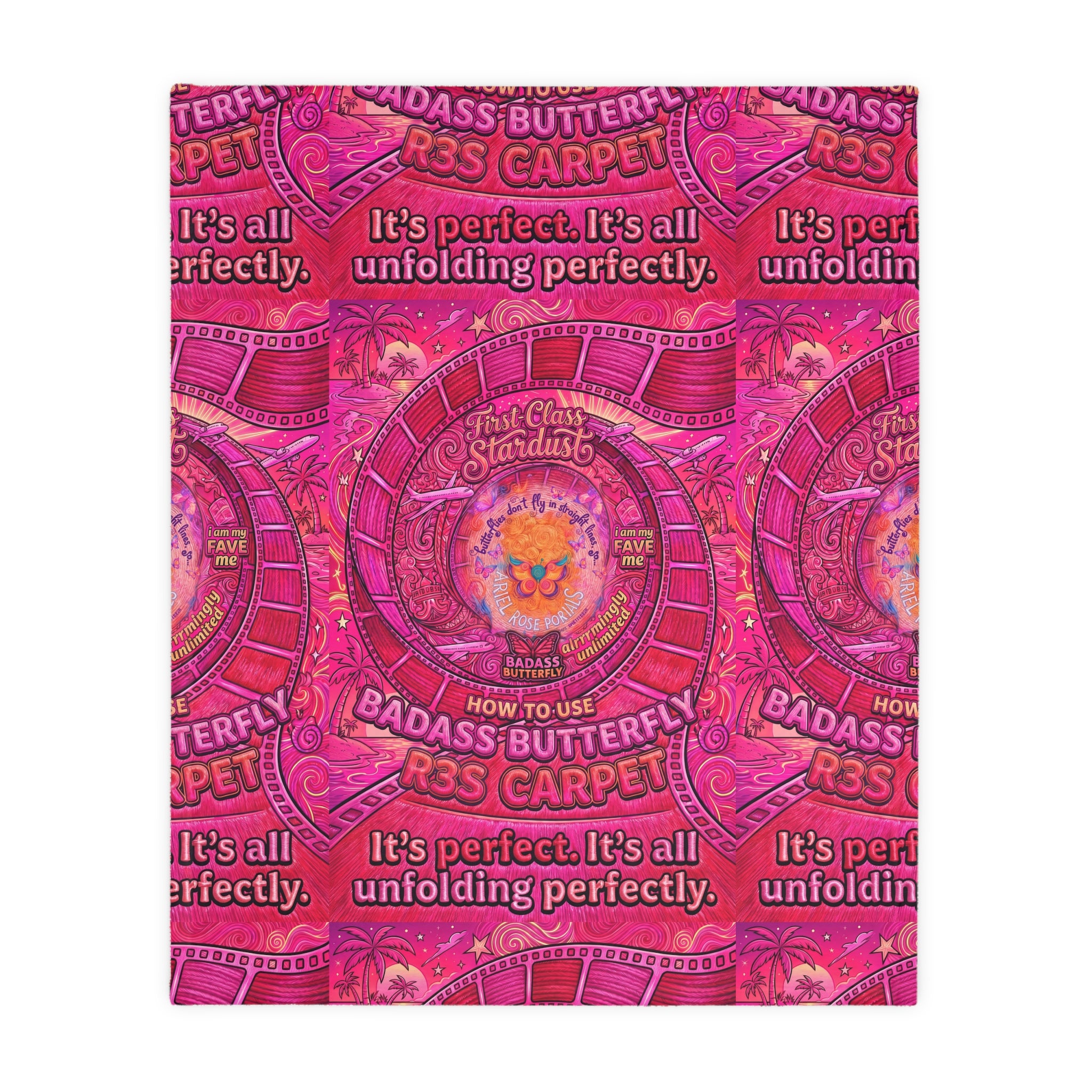 Two-Sided Velveteen R3S-Carpet Flight Path Cloak — Whimsical Butterflies & Bold Pink Collage