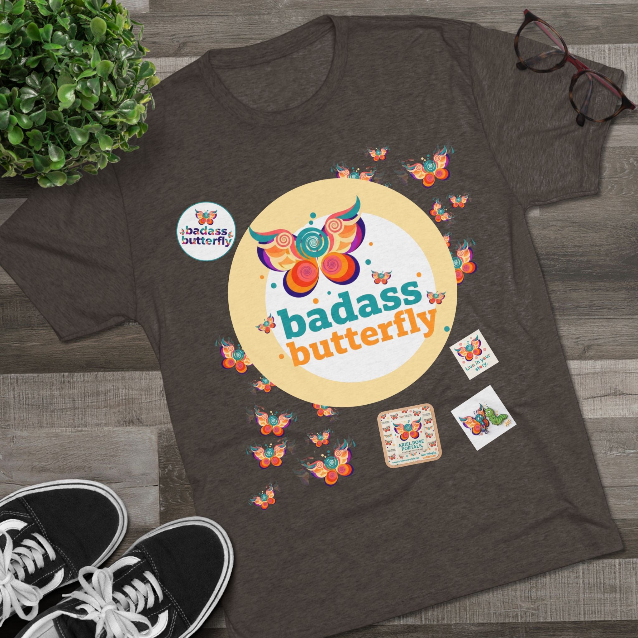 Badass Butterfly Vintage TriBlend Sticker Tee T-Shirt — Colorful Empowerment Graphic Tee