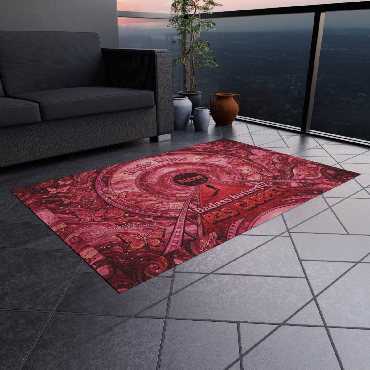 Badass Butterfly 'Right Now' R3S-Carpet Outdoor Rug — Red Boho Decorative Patio Mat