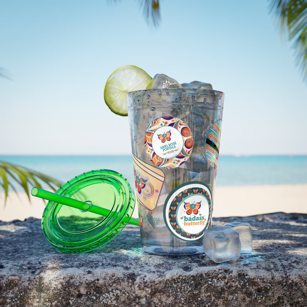 16 oz Sunsplash Tumbler with Straw — Retro Butterfly Sticker Design