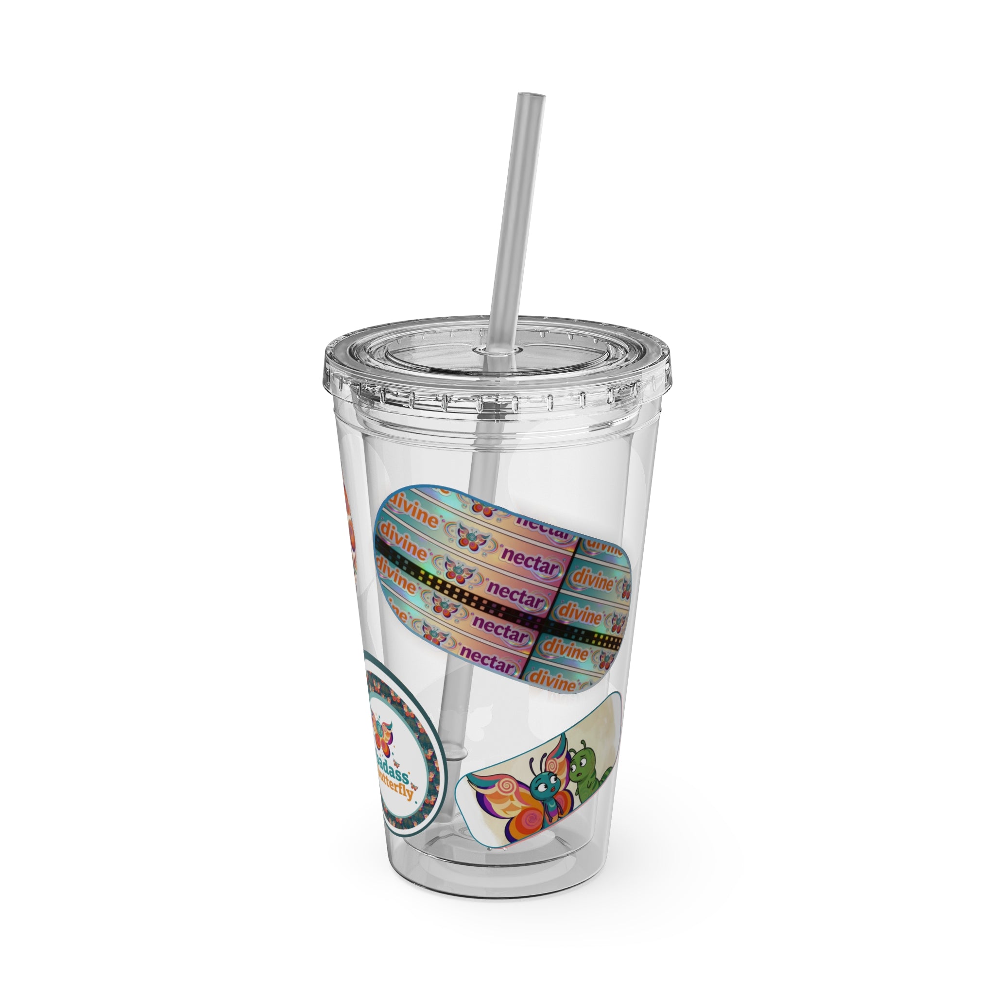 16 oz Sunsplash Tumbler with Straw — Retro Butterfly Sticker Design