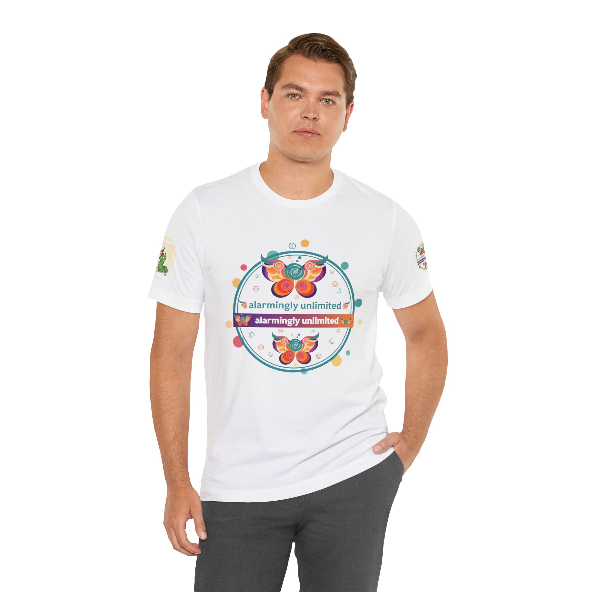 Butterfly & Caterpillar Tee — "alarmingly unlimited" Colorful Graphic T-Shirt