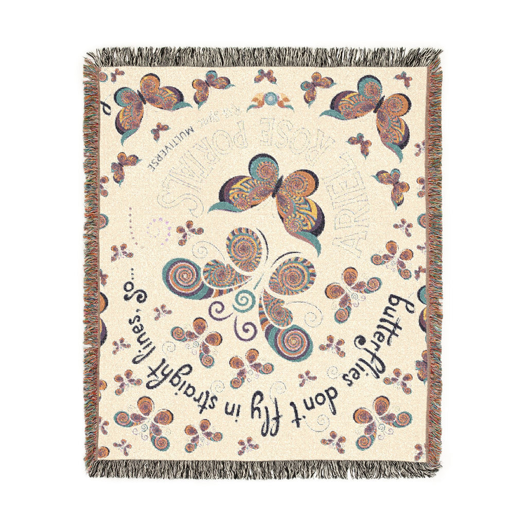 First Class Stardust Op Art Butterfly Woven Blanket — Earthtone Fringe Throw with Inspiring Script