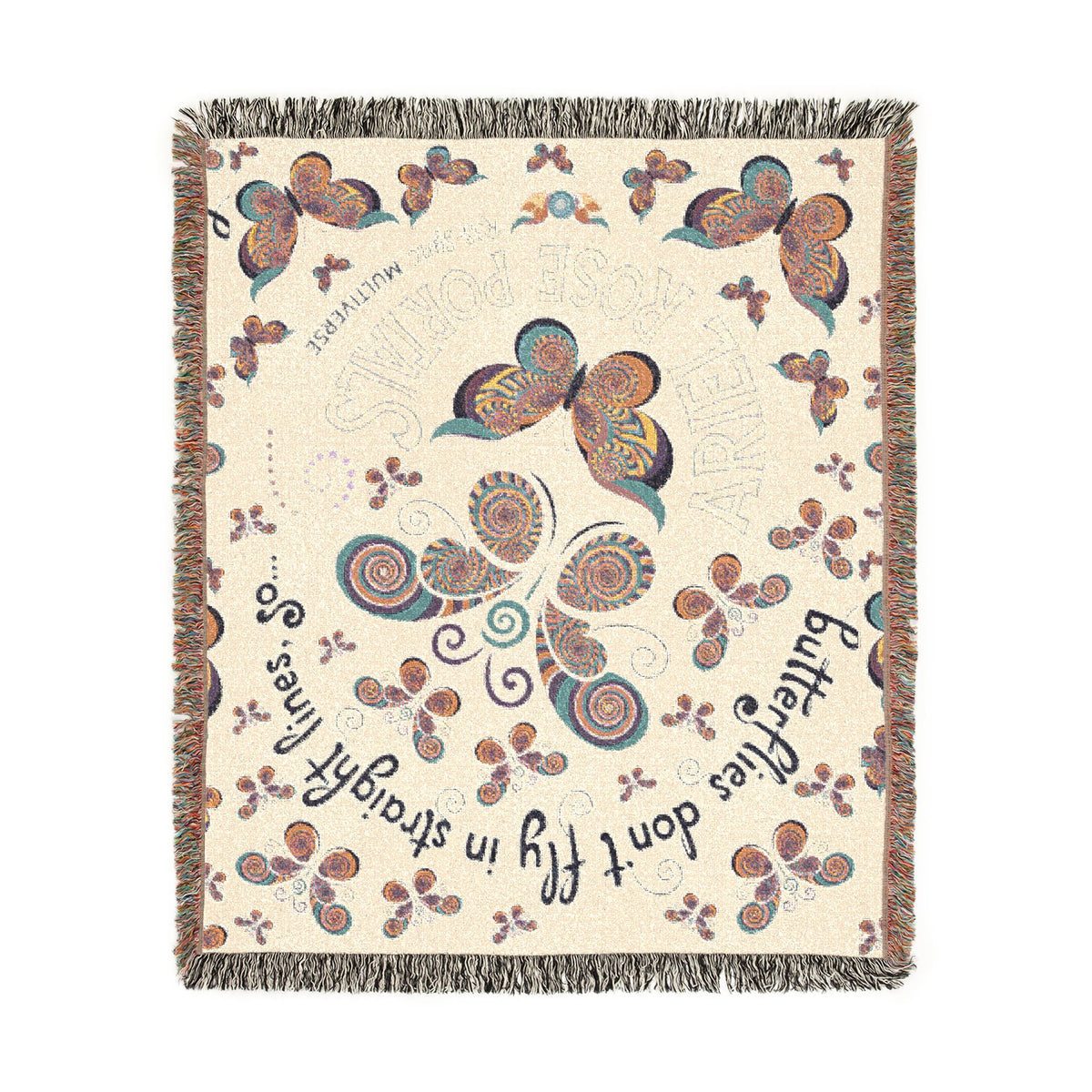 First Class Stardust Op Art Butterfly Woven Blanket — Earthtone Fringe Throw with Inspiring Script