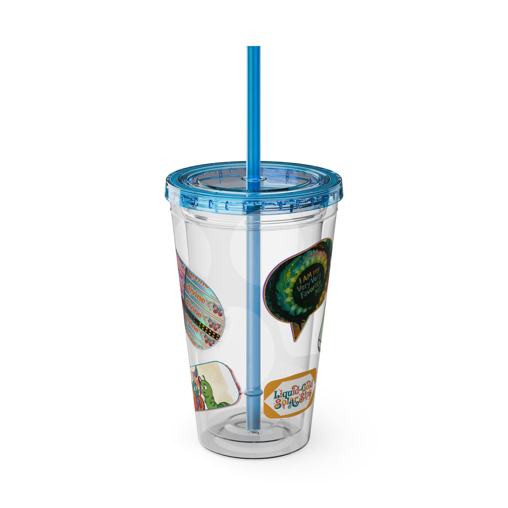 16 oz Sunsplash Tumbler with Straw — Retro Butterfly Sticker Design