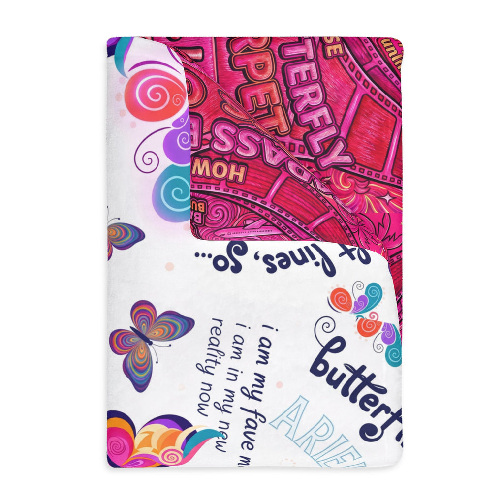 Two-Sided Velveteen R3S-Carpet Flight Path Cloak — Whimsical Butterflies & Bold Pink Collage