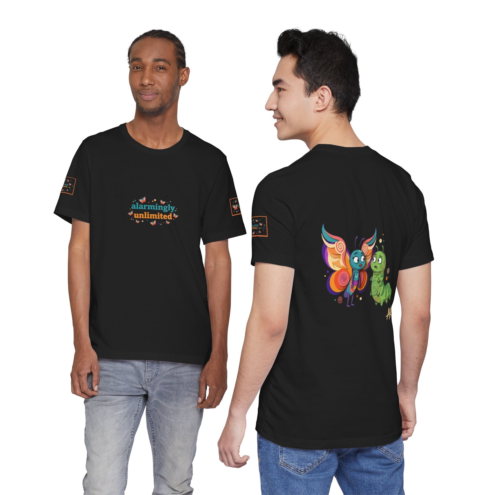 T-shirt Alarmingy Unlimited — Maglietta Grafica con Farfalla e Bruco Stravaganti