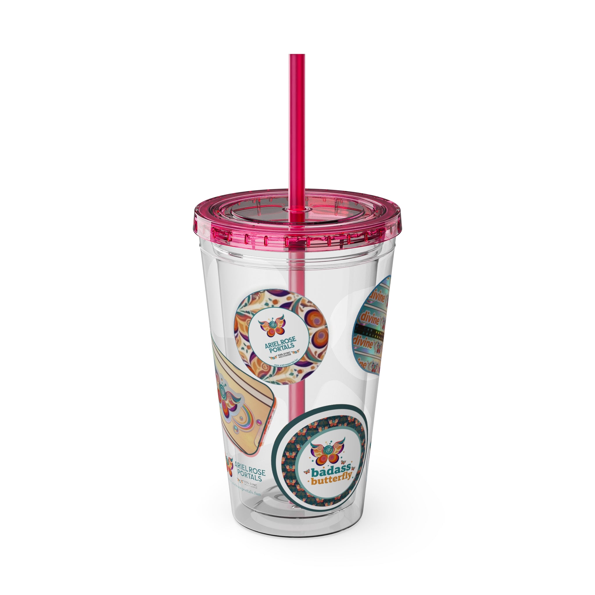 16 oz Sunsplash Tumbler with Straw — Retro Butterfly Sticker Design