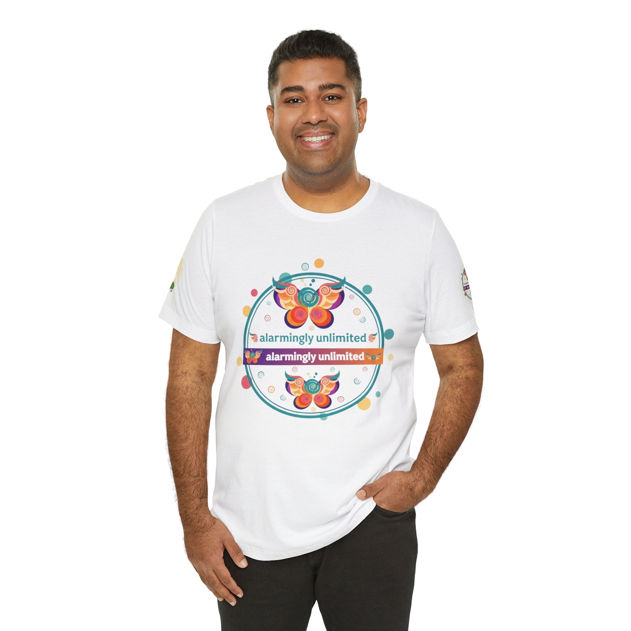 Butterfly & Caterpillar Tee — "alarmingly unlimited" Colorful Graphic T-Shirt