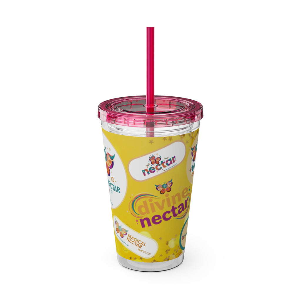 Bicchiere tumbler da 470 ml Sunsplash Ariel Rose Portals con cannuccia — Nettare magico e nettare divino, stoviglie giallo sole