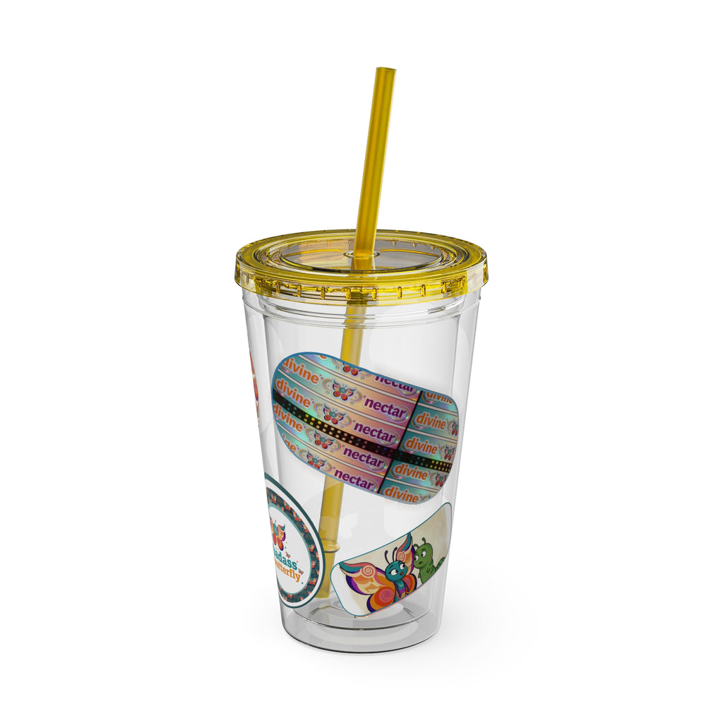 16 oz Sunsplash Tumbler with Straw — Retro Butterfly Sticker Design