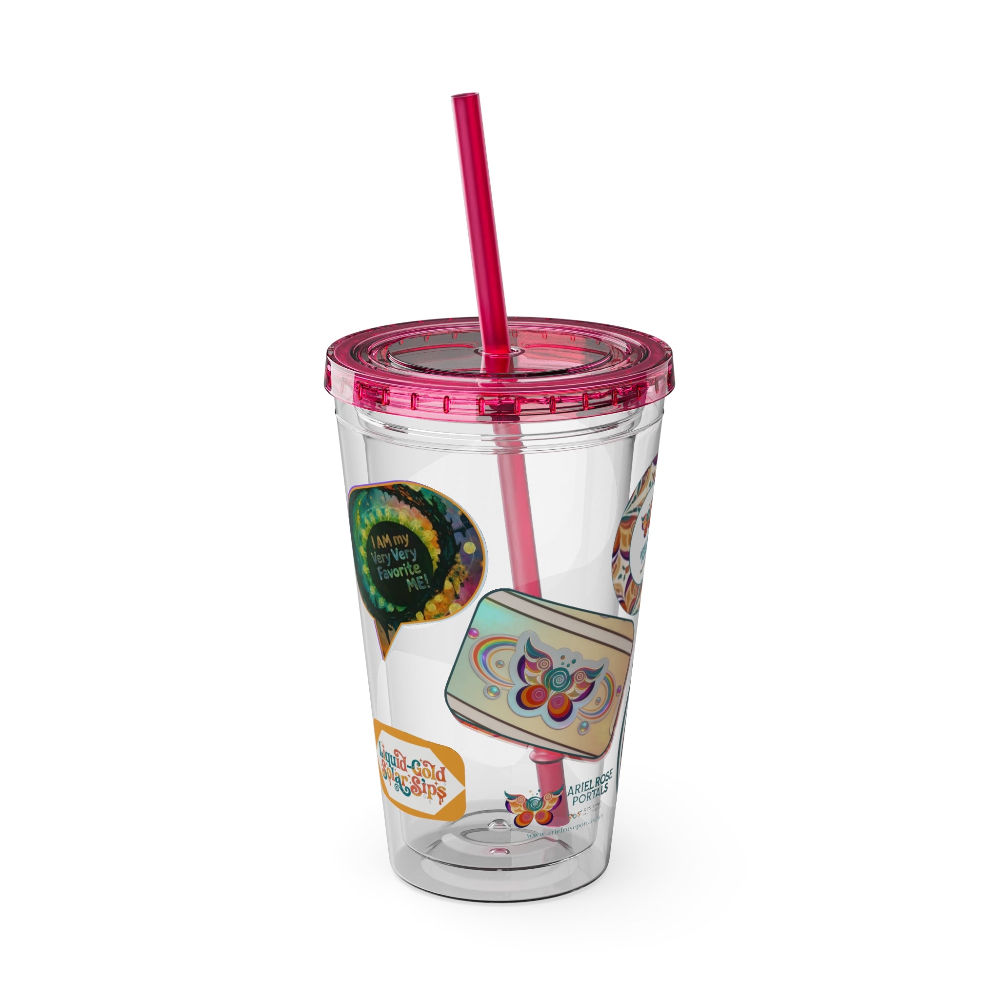 16oz Sunsplash Tumbler with Straw — Retro Butterfly Sticker Design
