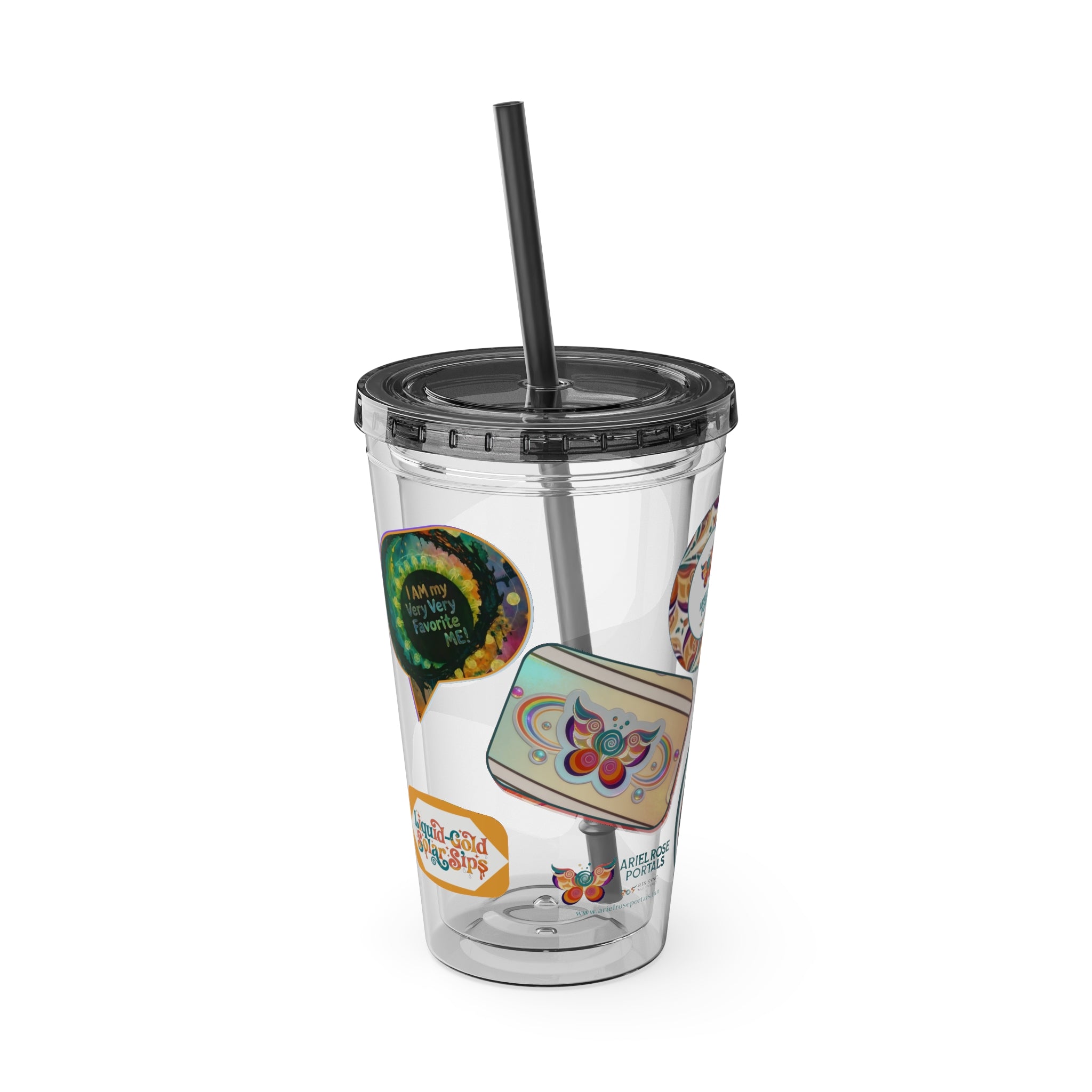 16oz Sunsplash Tumbler with Straw — Retro Butterfly Sticker Design