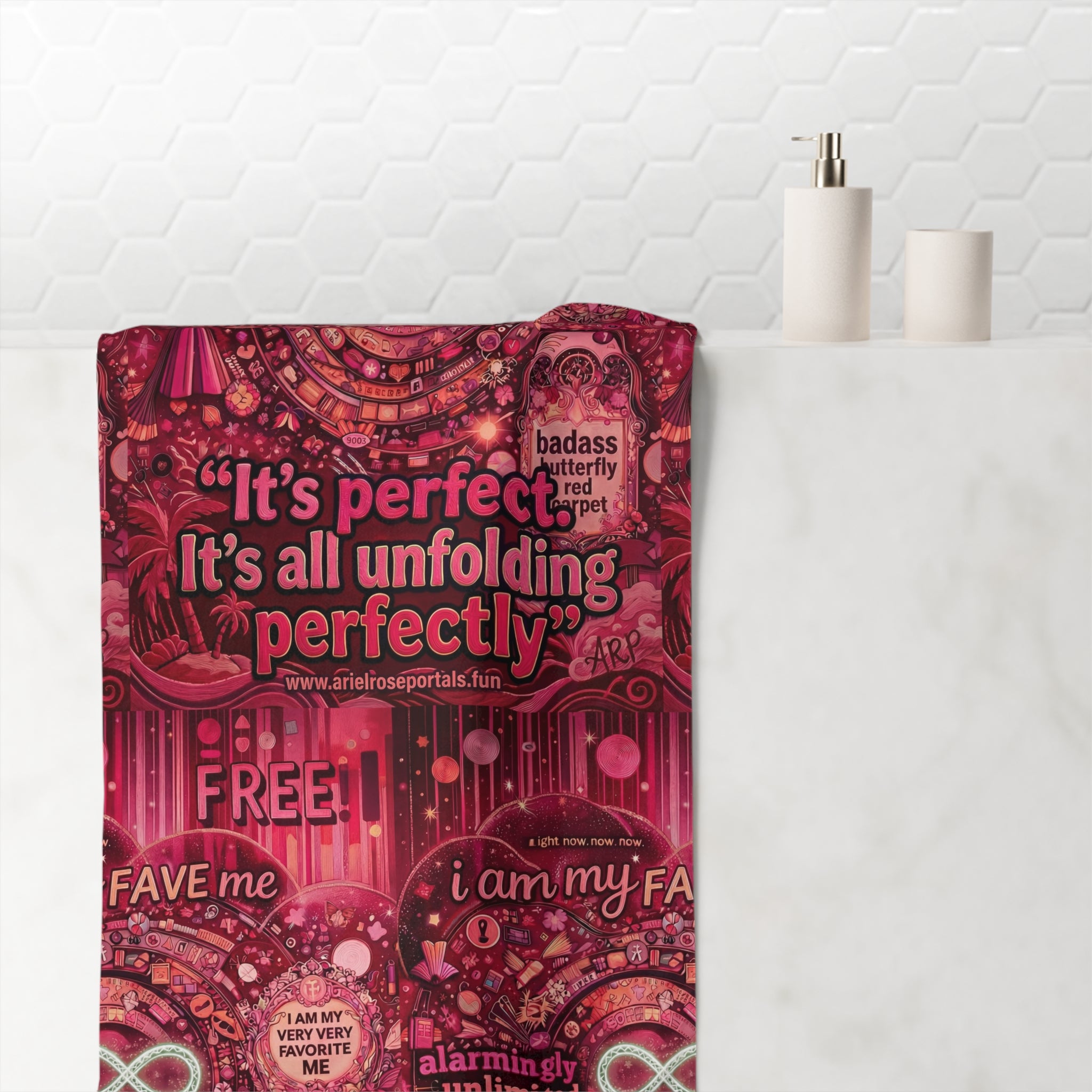 Badass Butterfly Red Carpet Beach Towel — "It's Perfect, It's All Unfolding Perfectly" Pink Self-Love Design