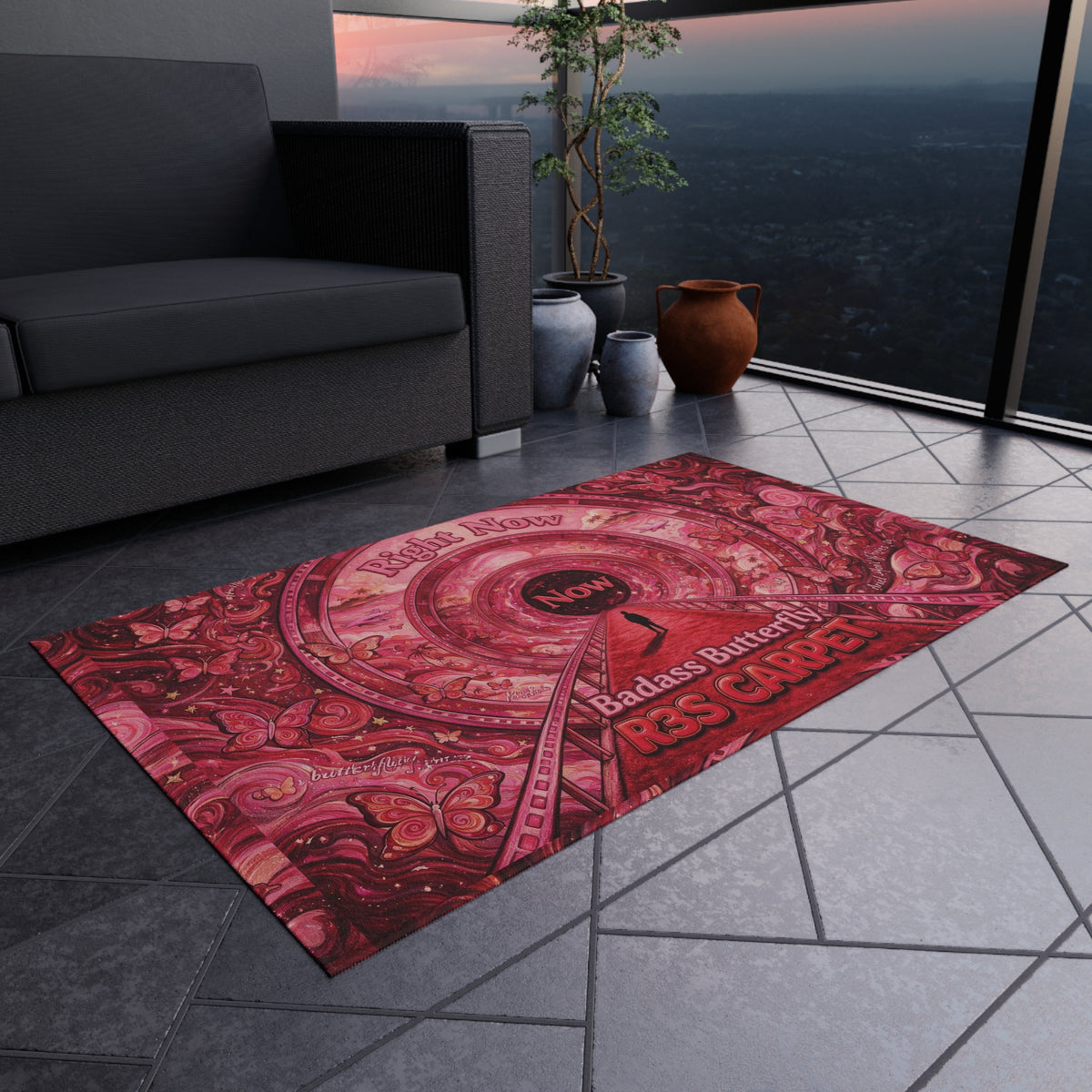 Badass Butterfly 'Right Now' R3S-Carpet Outdoor Rug — Red Boho Decorative Patio Mat