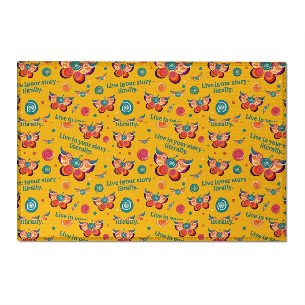 Washable Chenille Rug — Bright Retro Butterflies & "Live in your story. Literally." Accent Rug