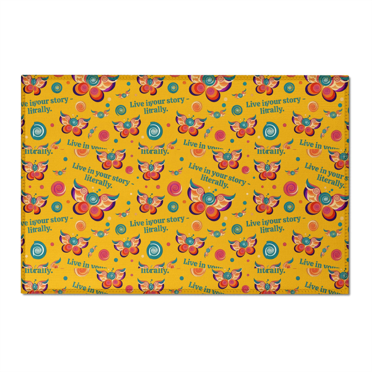 Washable Chenille Rug — Bright Retro Butterflies & "Live in your story. Literally." Accent Rug