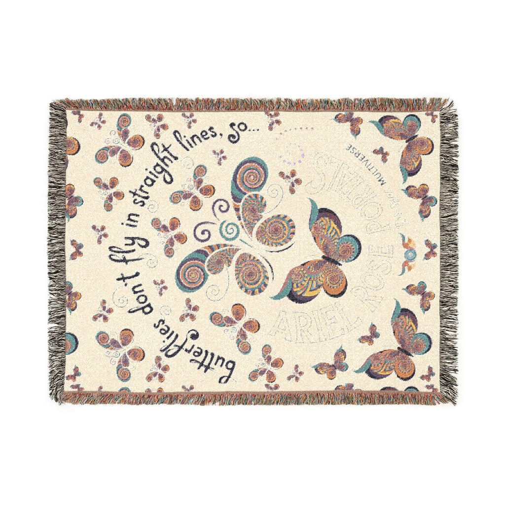 First Class Stardust Op Art Butterfly Woven Blanket — Earthtone Fringe Throw with Inspiring Script