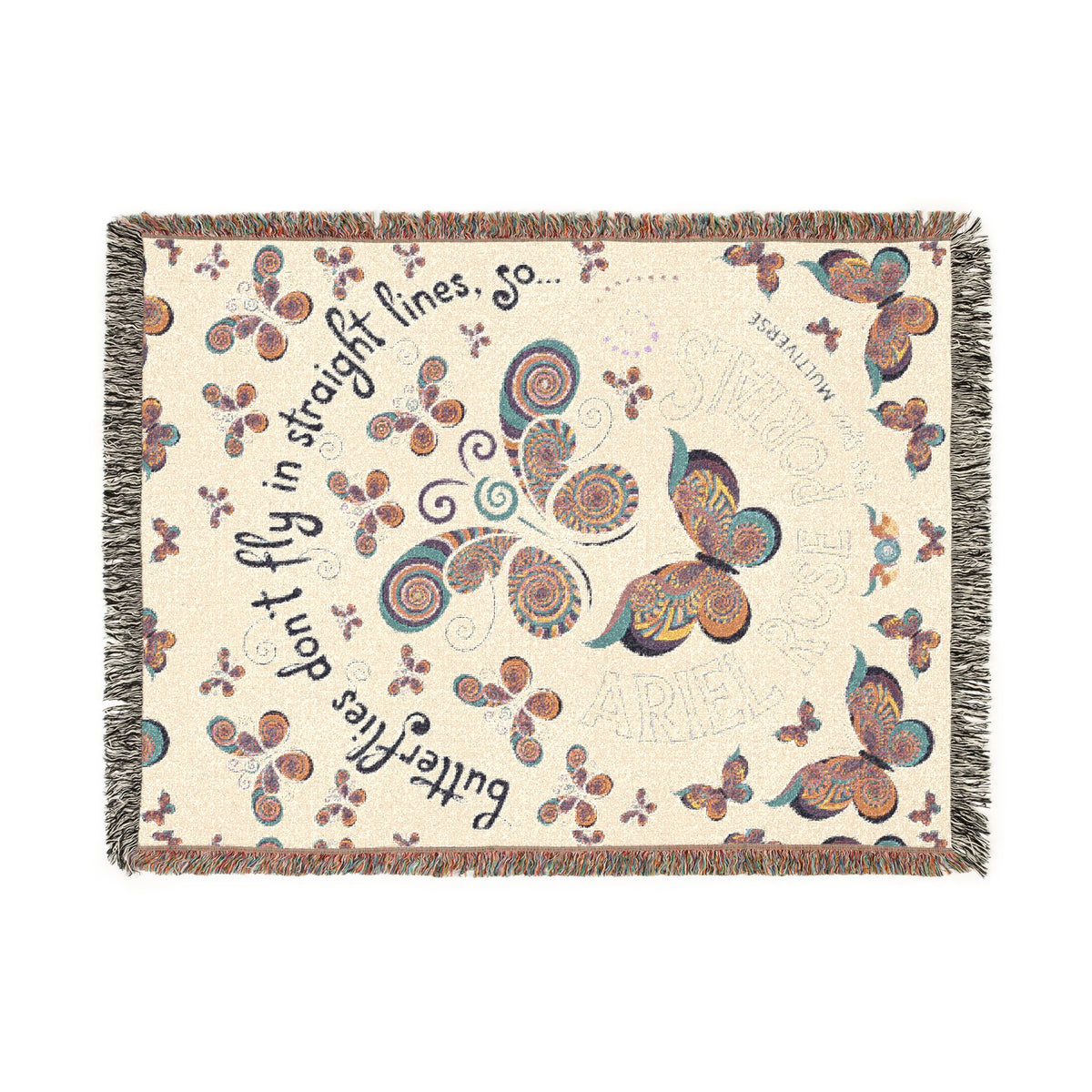 First Class Stardust Op Art Butterfly Woven Blanket — Earthtone Fringe Throw with Inspiring Script