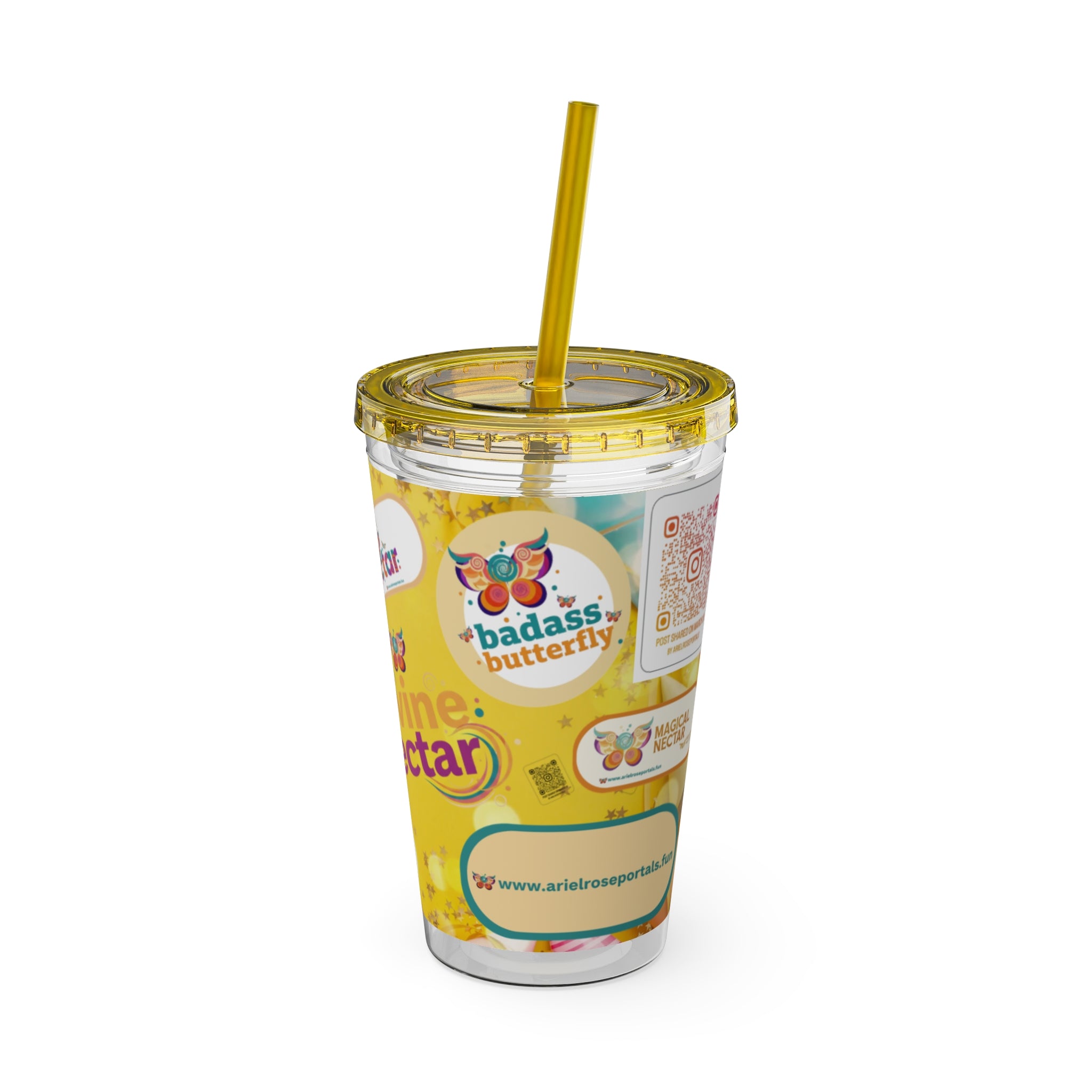 16oz Sunsplash Ariel Rose Portals Logo Tumbler with Straw — Magical Nectar & Divine Nectar Sunny Yellow Drinkware