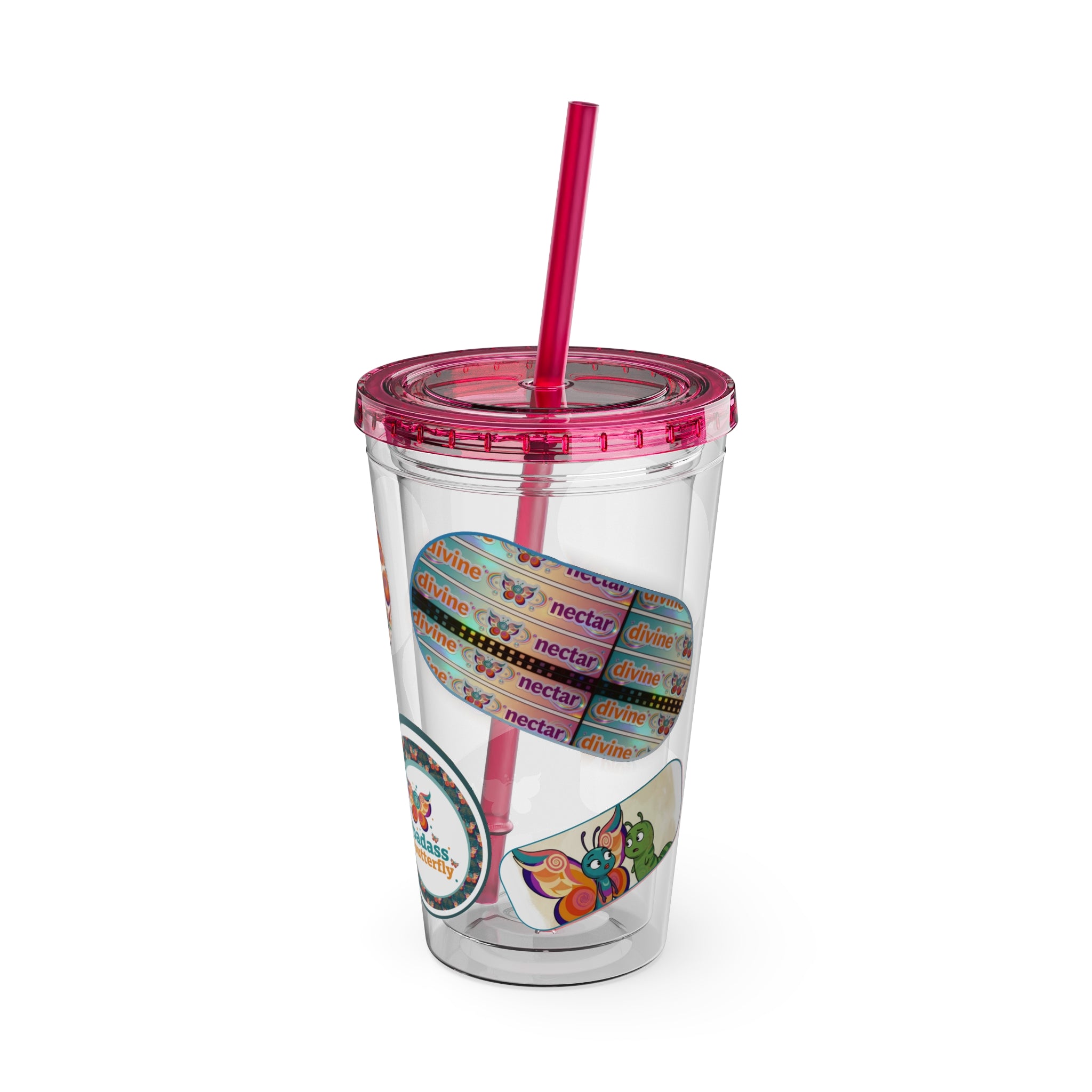 16 oz Sunsplash Tumbler with Straw — Retro Butterfly Sticker Design