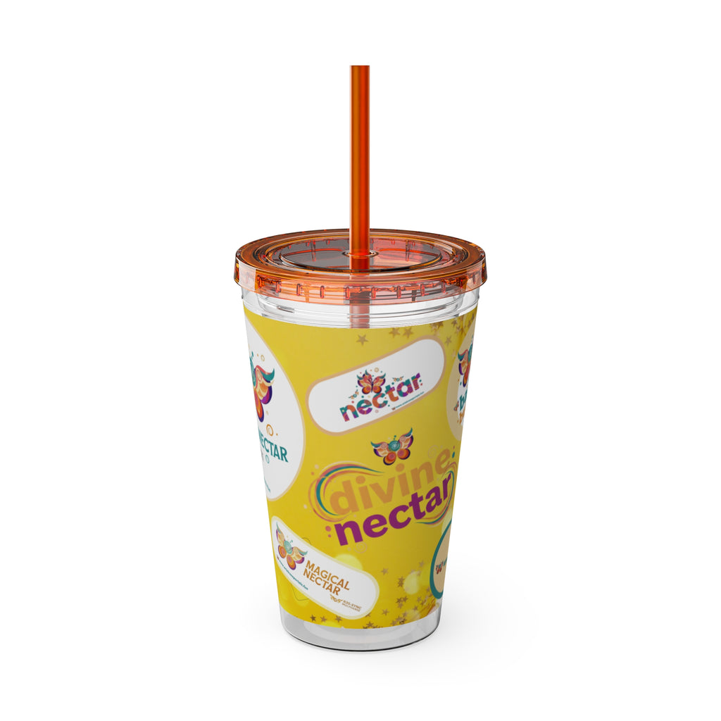 Bicchiere tumbler da 470 ml Sunsplash Ariel Rose Portals con cannuccia — Nettare magico e nettare divino, stoviglie giallo sole