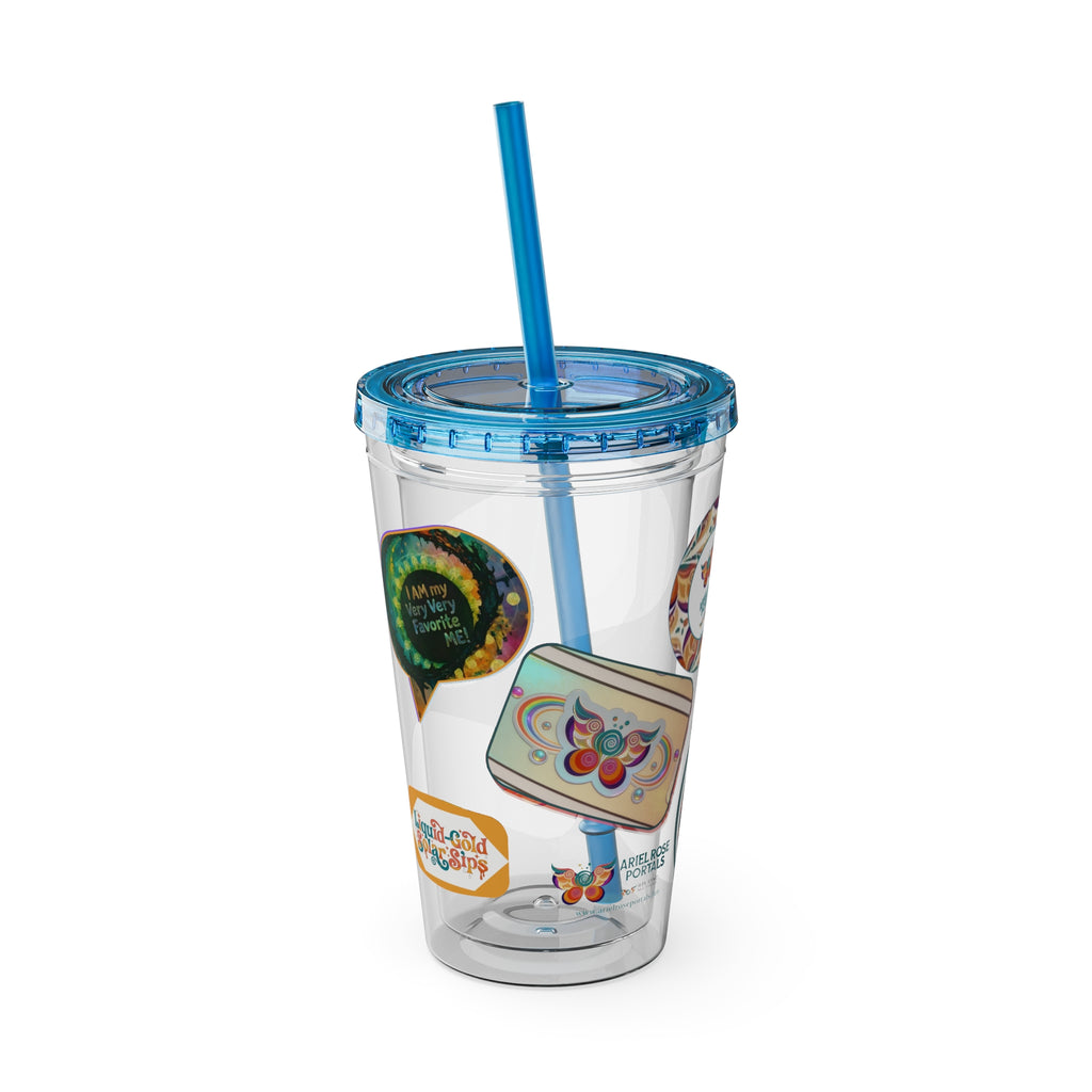 16 oz Sunsplash Tumbler with Straw — Retro Butterfly Sticker Design