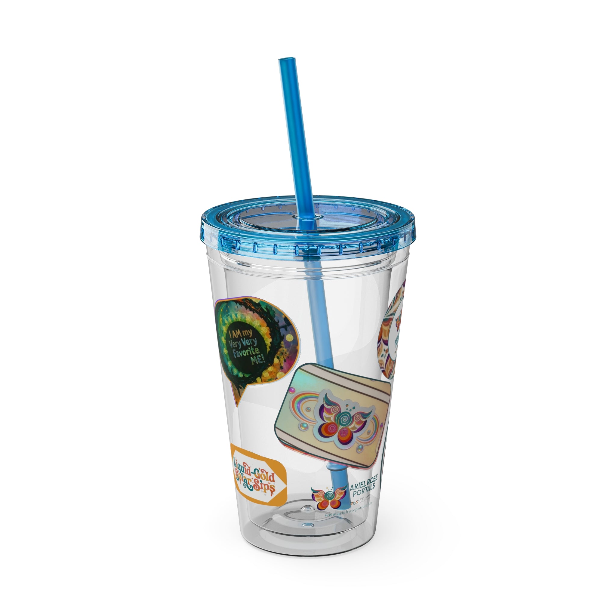 16 oz Sunsplash Tumbler with Straw — Retro Butterfly Sticker Design